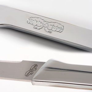 Tuff Stuff logo etched on stainless steel steak knife blade